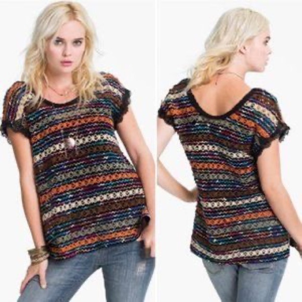 Free People New Romantics crochet Chenille Stripe Knit Top - Picture 2 of 6